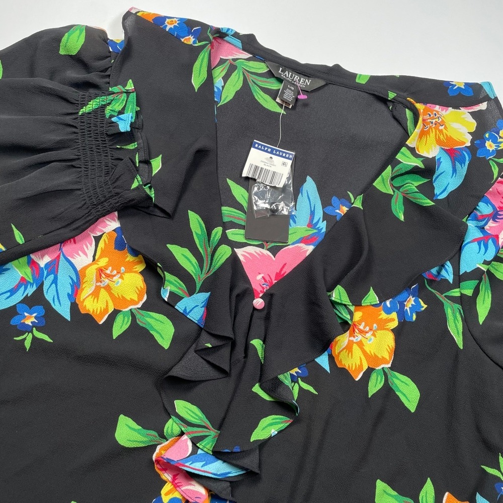 Lauren Ralph Lauren Georgette Floral Ruffle V-Neck Blouse Black Tropical L
